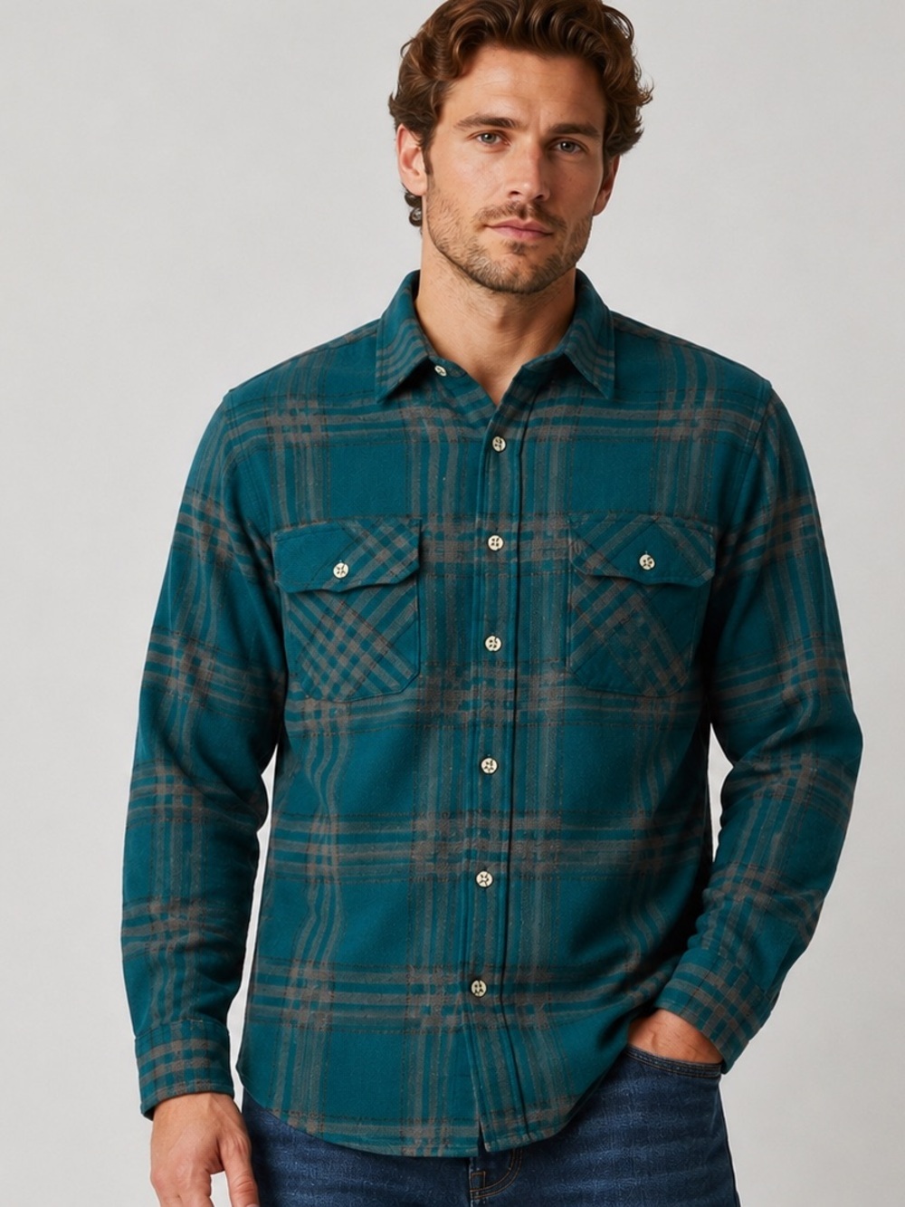 Vintage Van Heusen Winterweights Plaid Flannel Shirt Men’s L Teal Gray NOS 90s